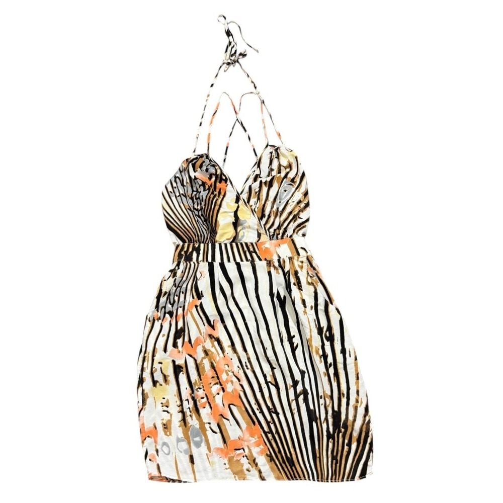 Haven Tropical Boho Chic 100% Silk Abstract Zebra Stripe Halter Mini Dress Small